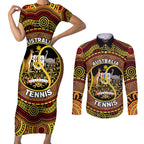 Personalised Australia Tennis Couples Matching Short Sleeve Bodycon Dress and Long Sleeve Button Shirt Aussie Indigenous Art