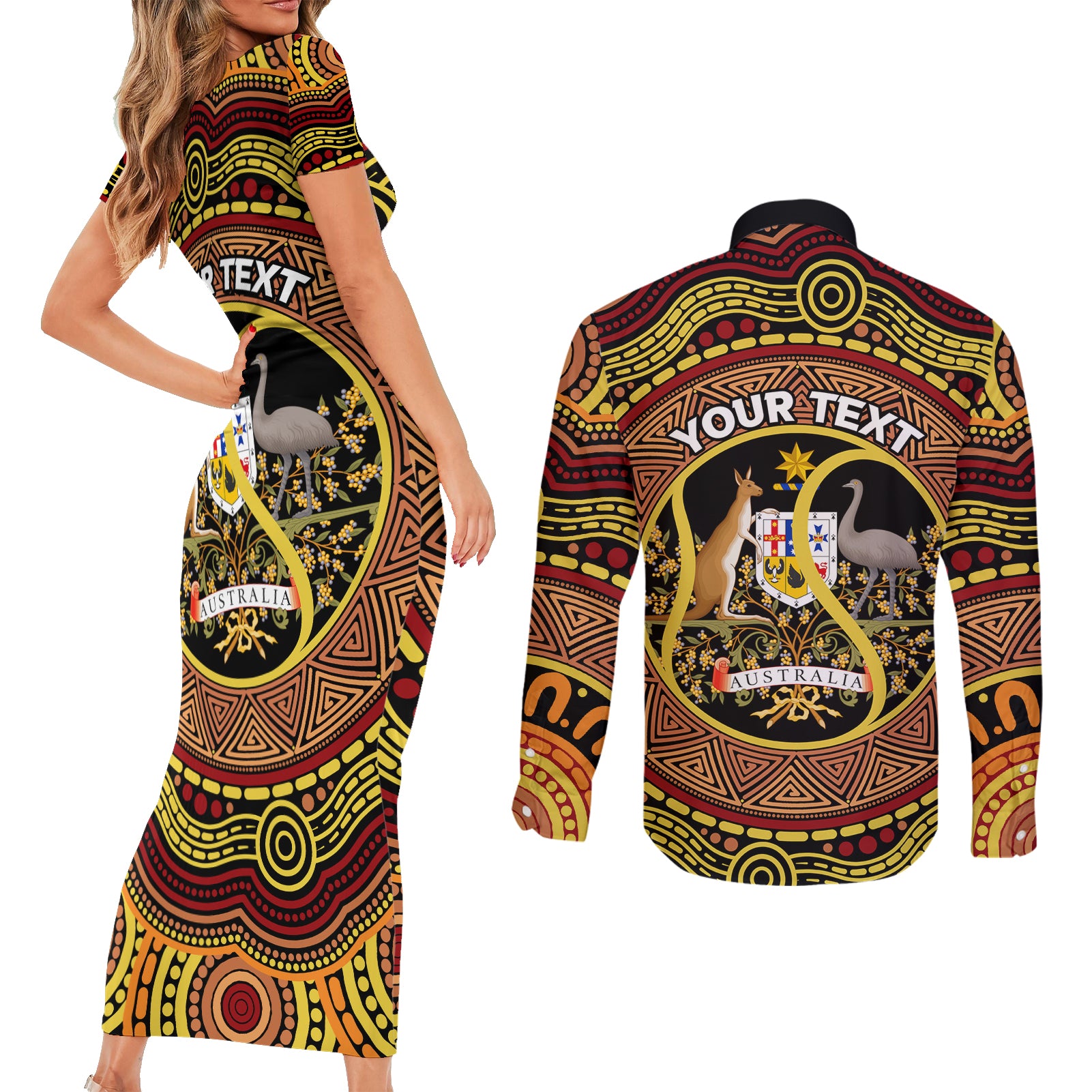 Personalised Australia Tennis Couples Matching Short Sleeve Bodycon Dress and Long Sleeve Button Shirt Aussie Indigenous Art