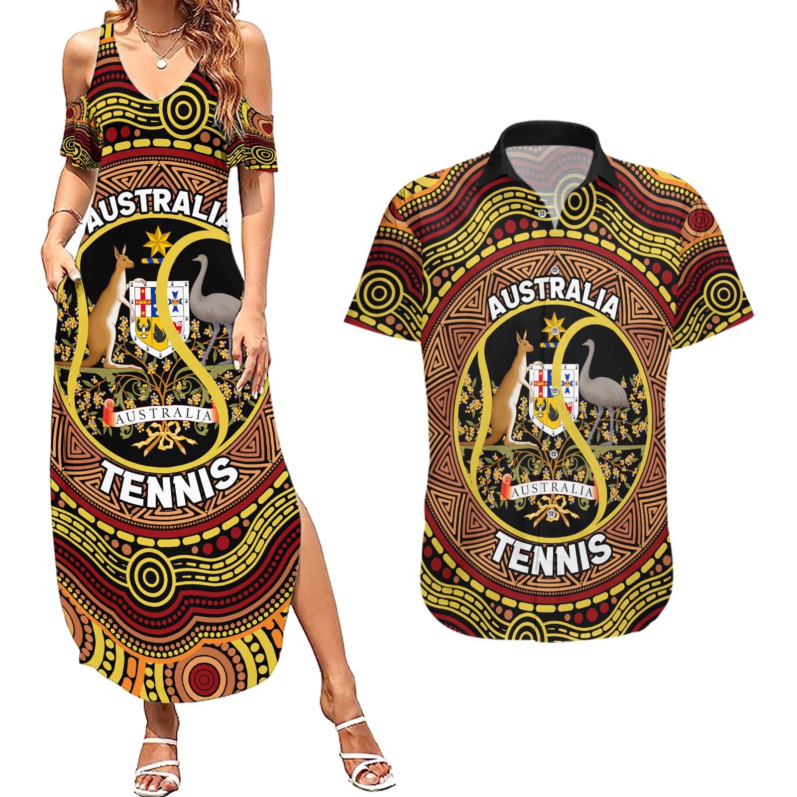 Personalised Australia Tennis Couples Matching Summer Maxi Dress and Hawaiian Shirt Aussie Indigenous Art