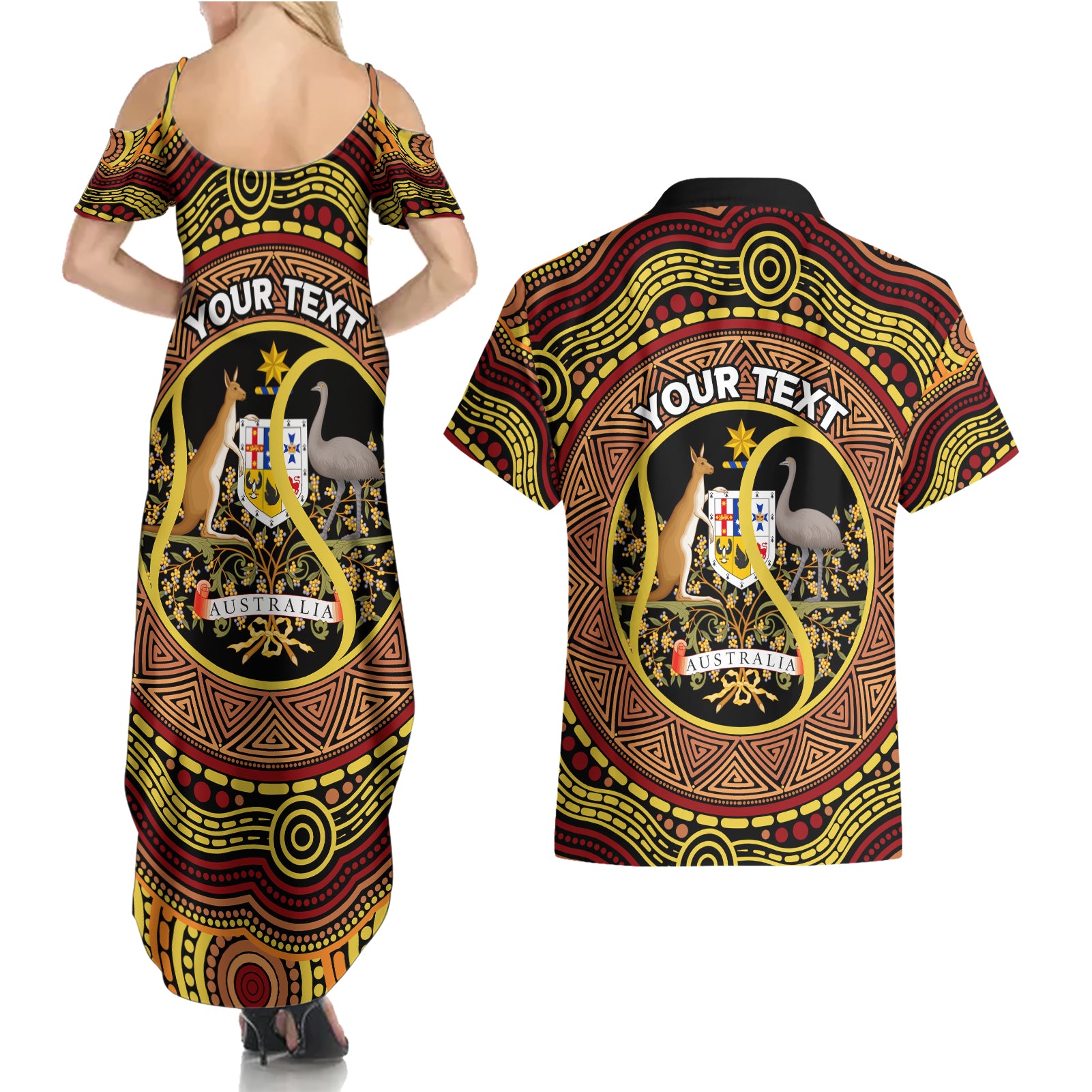 Personalised Australia Tennis Couples Matching Summer Maxi Dress and Hawaiian Shirt Aussie Indigenous Art