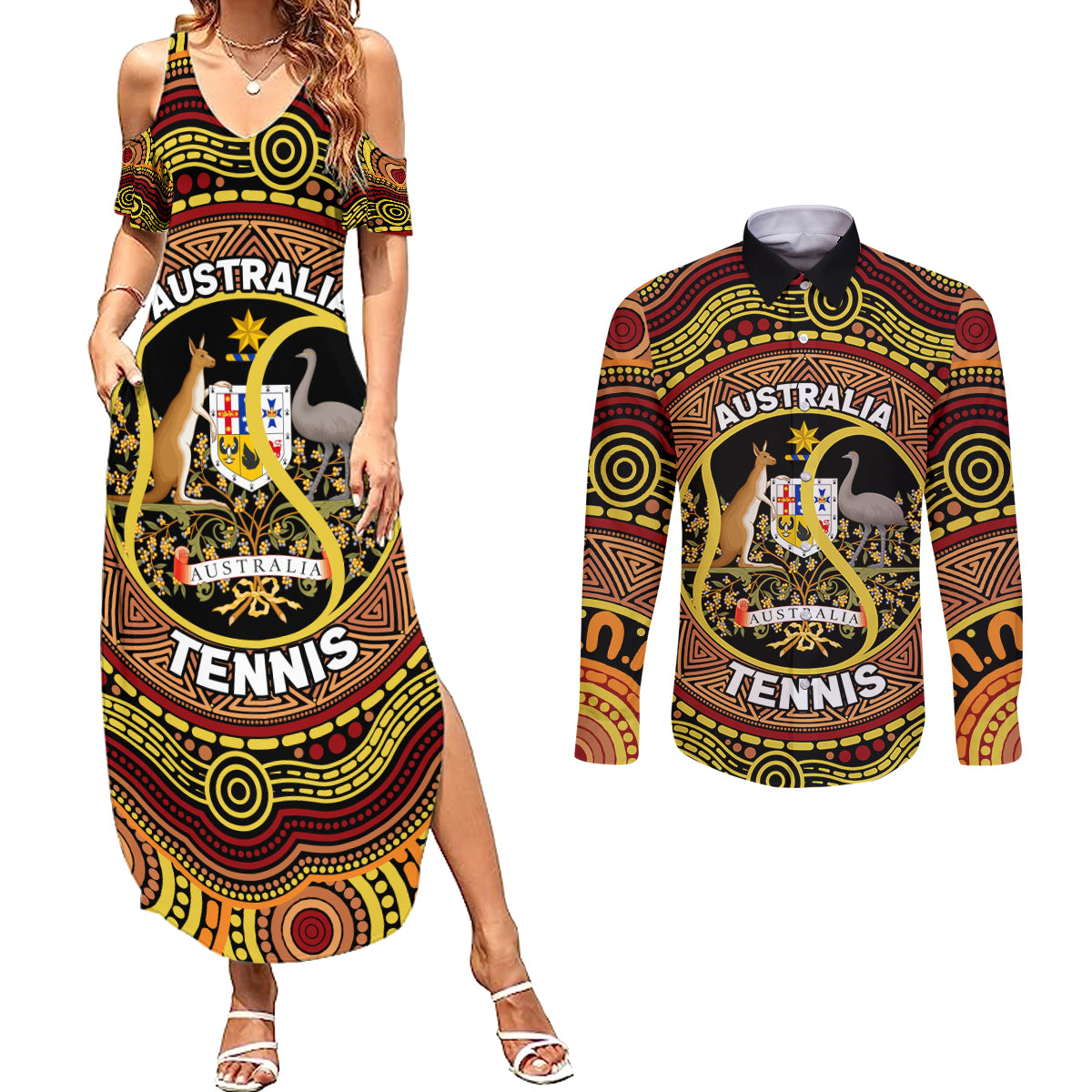 Personalised Australia Tennis Couples Matching Summer Maxi Dress and Long Sleeve Button Shirt Aussie Indigenous Art