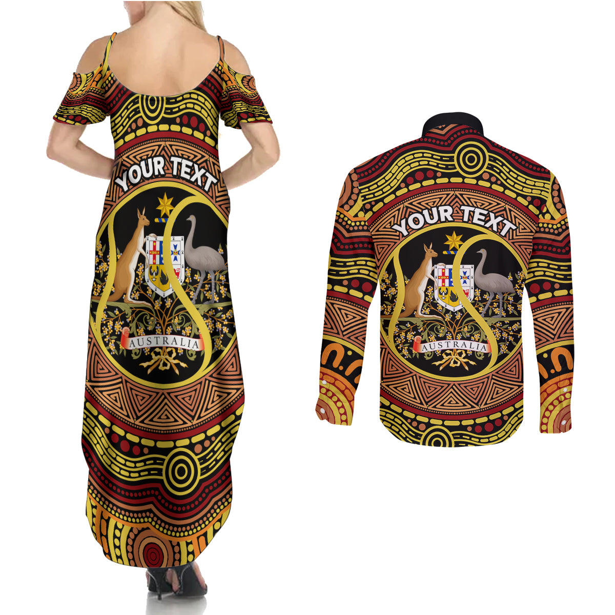 Personalised Australia Tennis Couples Matching Summer Maxi Dress and Long Sleeve Button Shirt Aussie Indigenous Art