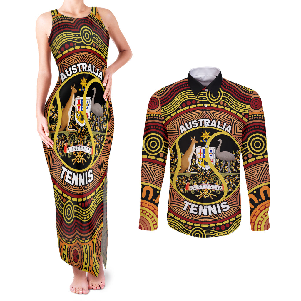 Personalised Australia Tennis Couples Matching Tank Maxi Dress and Long Sleeve Button Shirt Aussie Indigenous Art