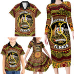 Personalised Australia Tennis Family Matching Long Sleeve Bodycon Dress and Hawaiian Shirt Aussie Indigenous Art