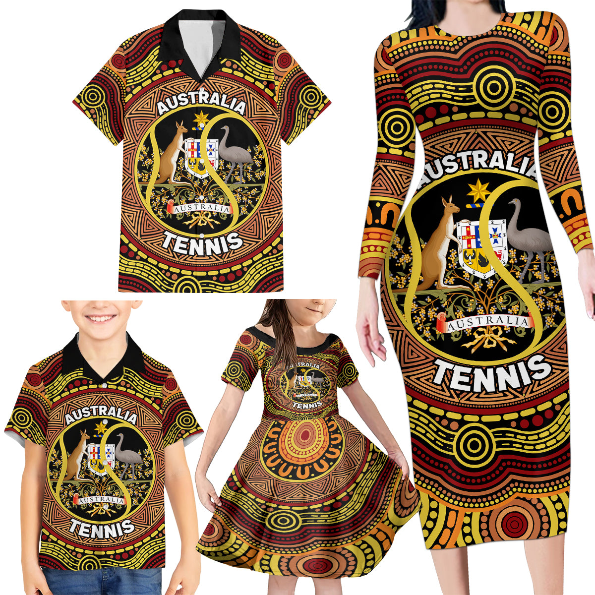 Personalised Australia Tennis Family Matching Long Sleeve Bodycon Dress and Hawaiian Shirt Aussie Indigenous Art