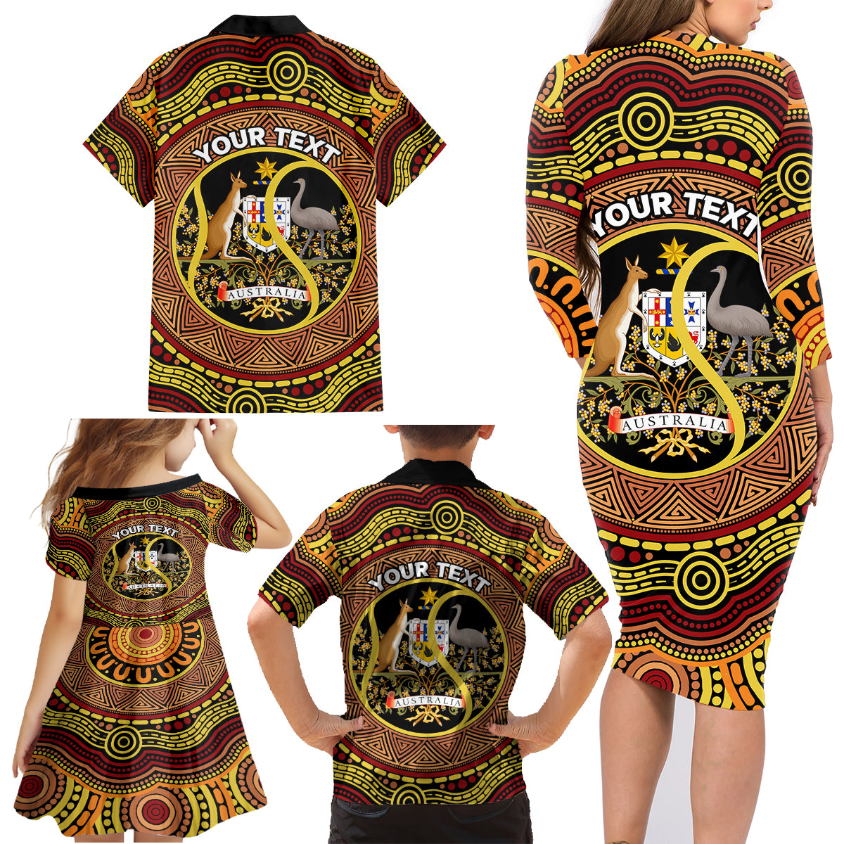 Personalised Australia Tennis Family Matching Long Sleeve Bodycon Dress and Hawaiian Shirt Aussie Indigenous Art