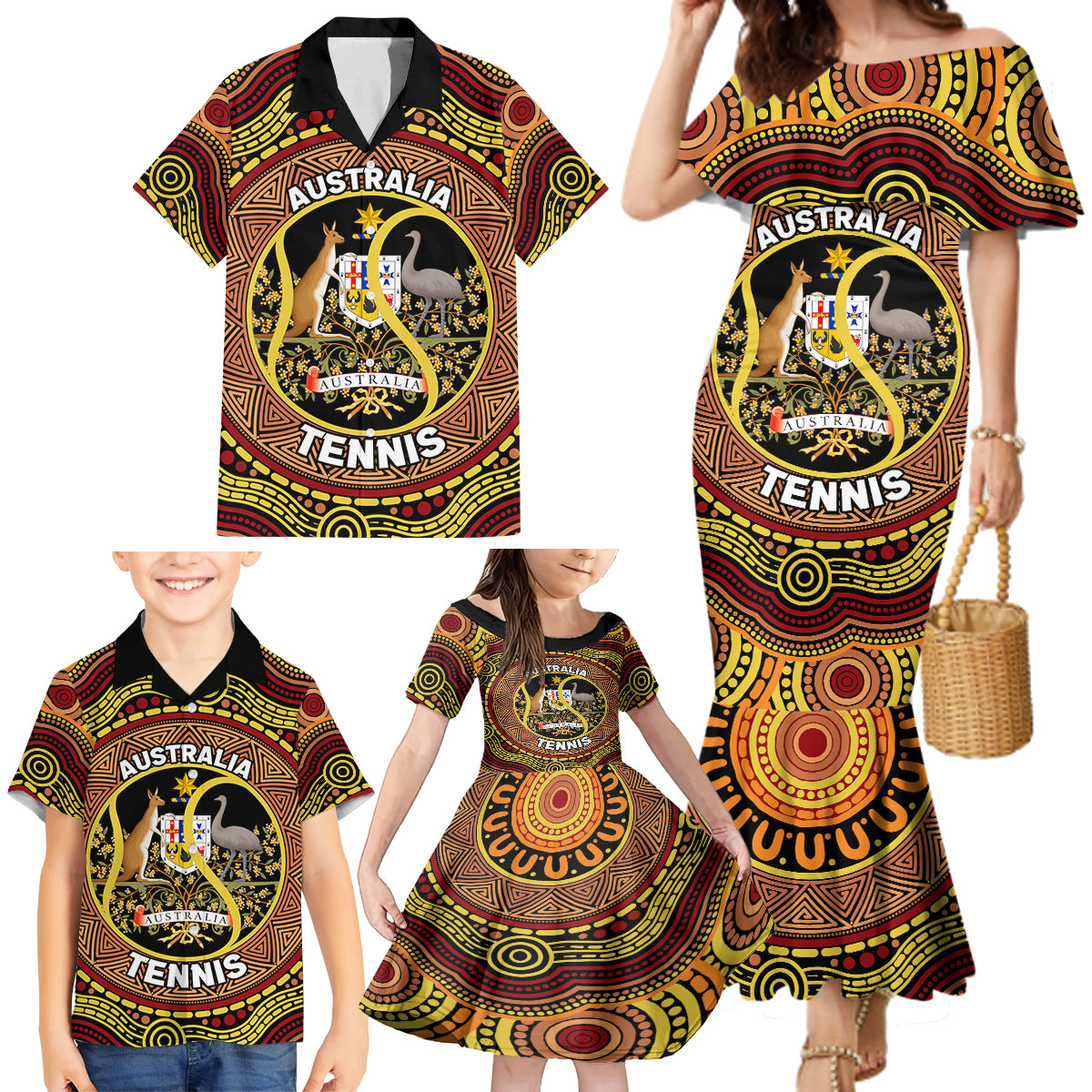 Personalised Australia Tennis Family Matching Mermaid Dress and Hawaiian Shirt Aussie Indigenous Art
