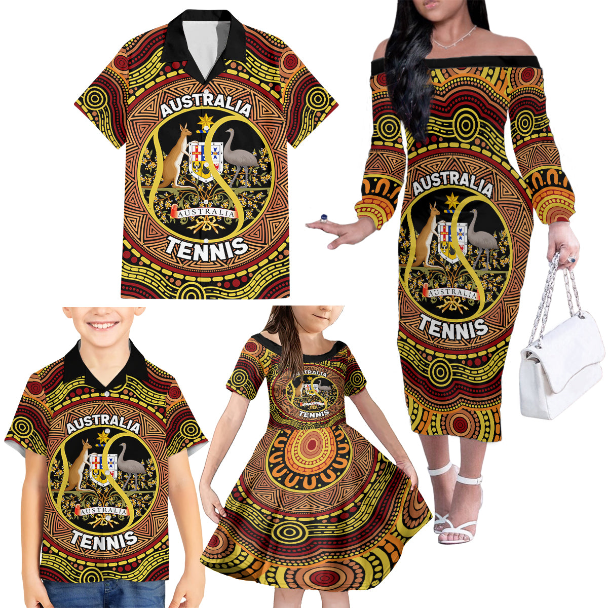 Personalised Australia Tennis Family Matching Off Shoulder Long Sleeve Dress and Hawaiian Shirt Aussie Indigenous Art