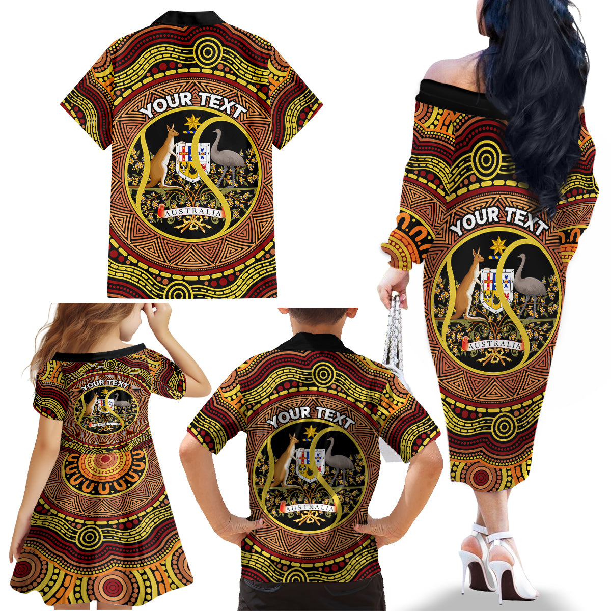 Personalised Australia Tennis Family Matching Off Shoulder Long Sleeve Dress and Hawaiian Shirt Aussie Indigenous Art