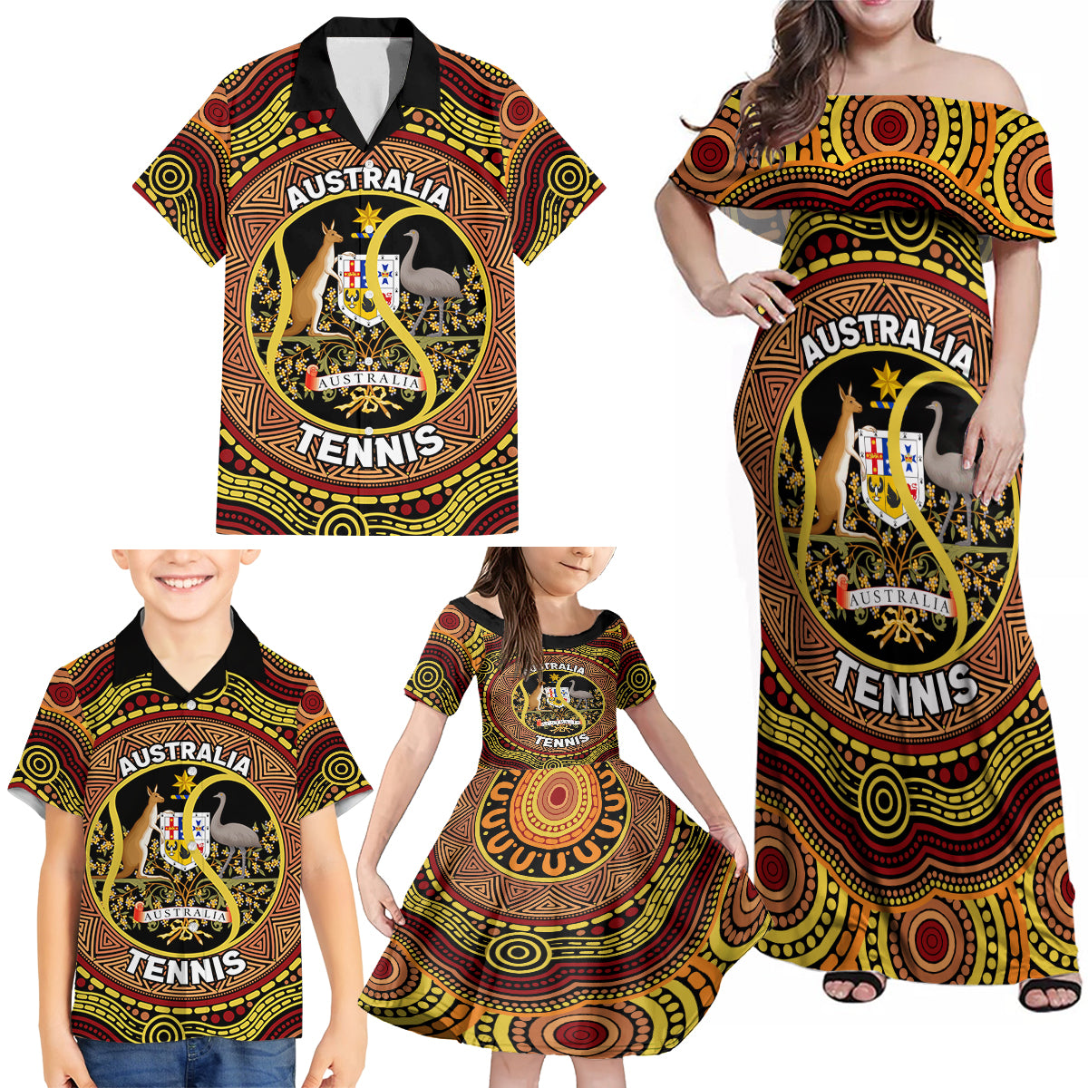 Personalised Australia Tennis Family Matching Off Shoulder Maxi Dress and Hawaiian Shirt Aussie Indigenous Art