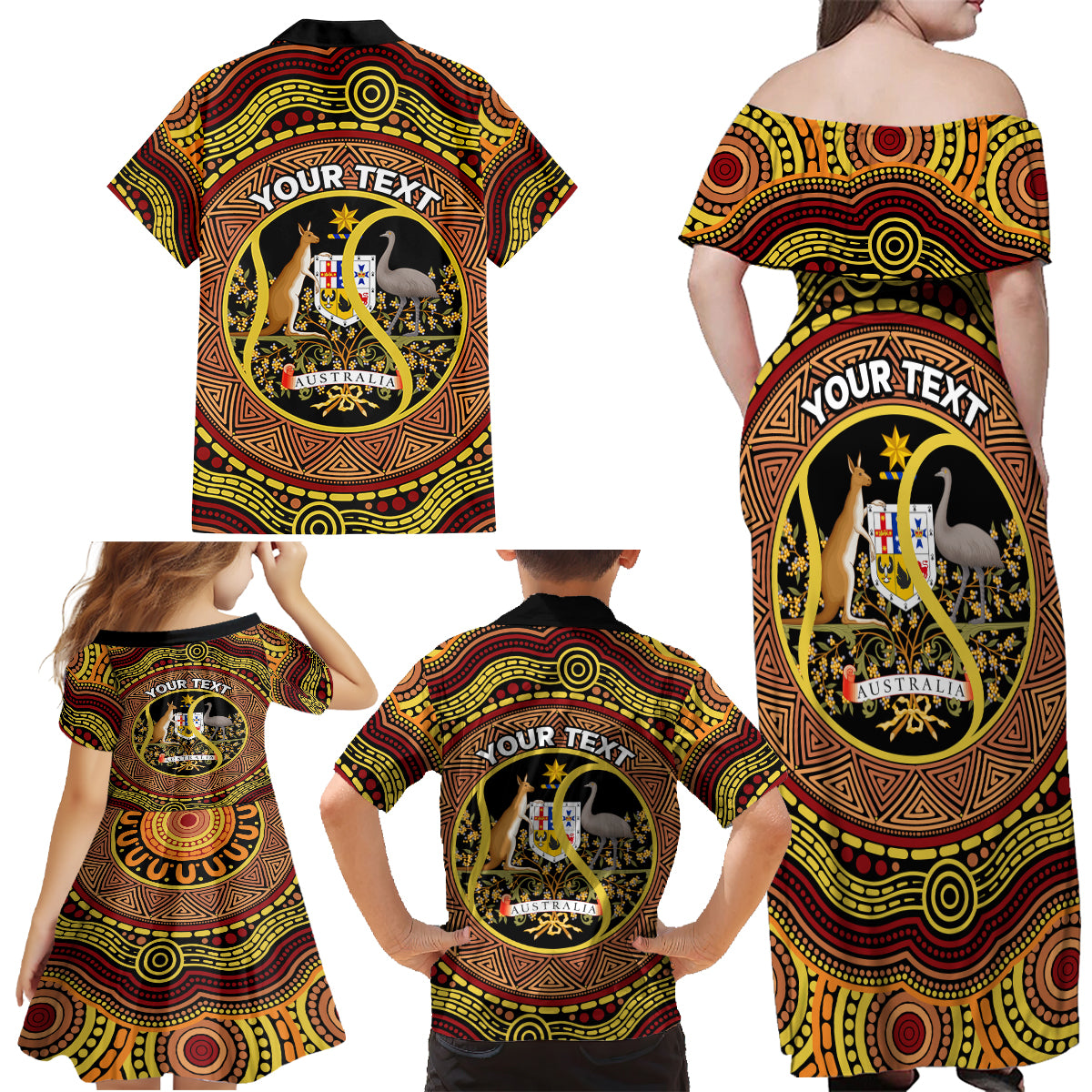 Personalised Australia Tennis Family Matching Off Shoulder Maxi Dress and Hawaiian Shirt Aussie Indigenous Art
