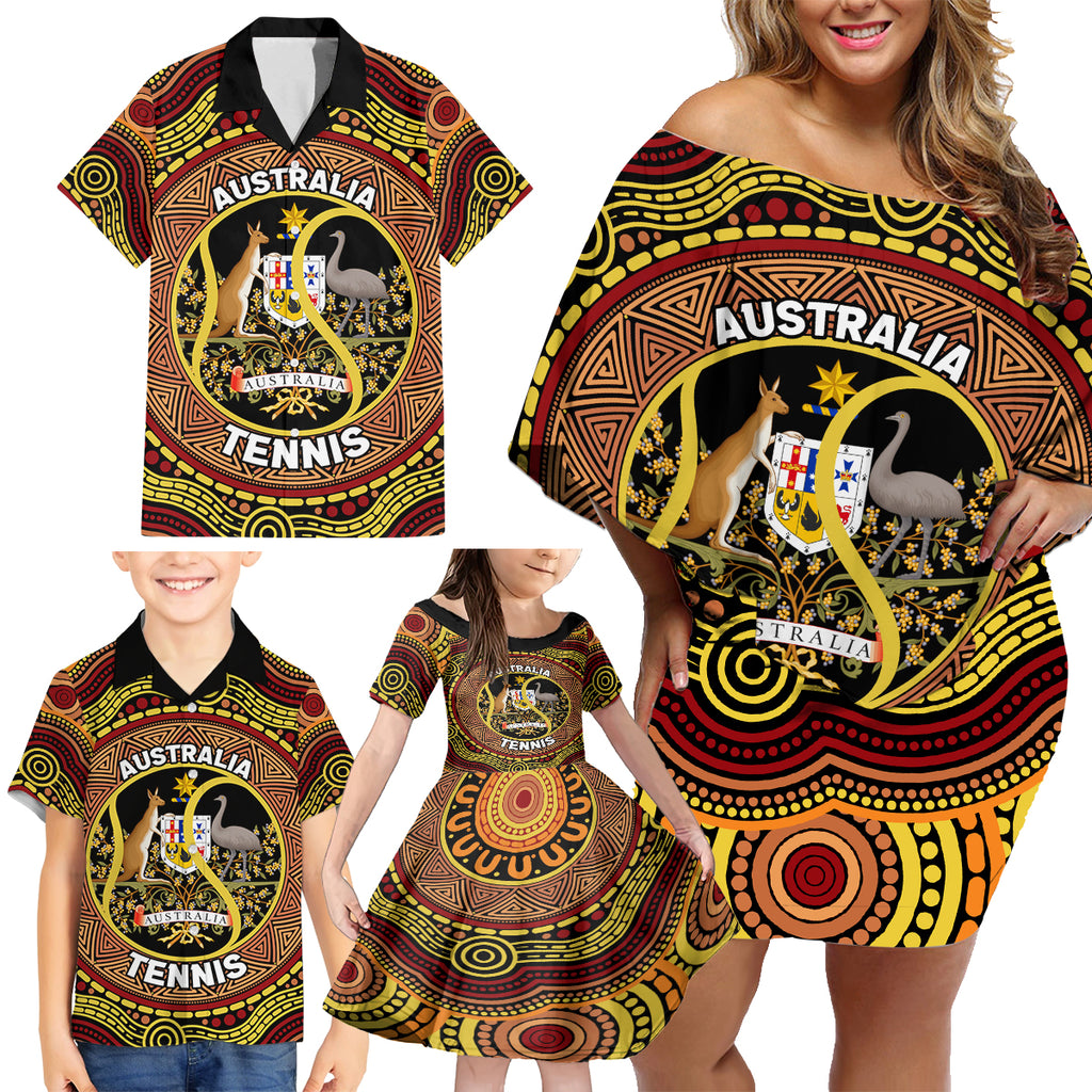 Personalised Australia Tennis Family Matching Off Shoulder Short Dress and Hawaiian Shirt Aussie Indigenous Art