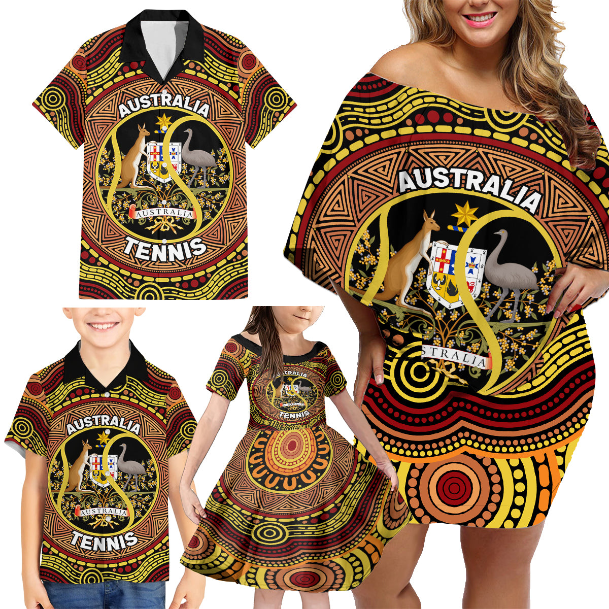 Personalised Australia Tennis Family Matching Off Shoulder Short Dress and Hawaiian Shirt Aussie Indigenous Art