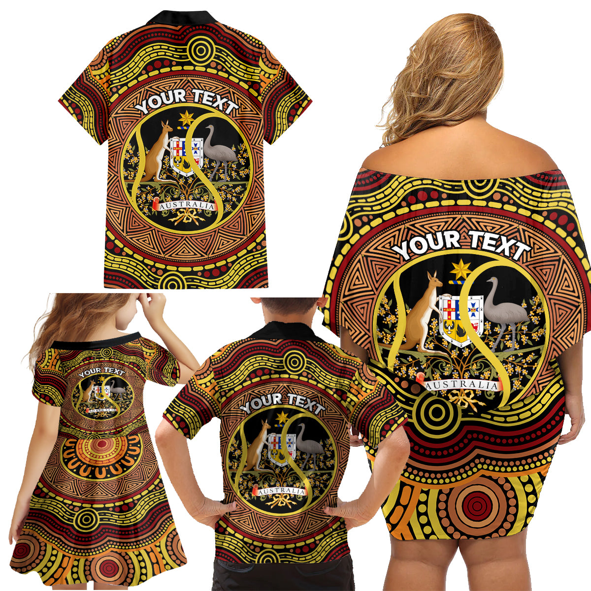 Personalised Australia Tennis Family Matching Off Shoulder Short Dress and Hawaiian Shirt Aussie Indigenous Art