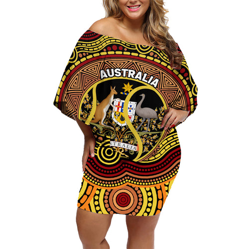 Personalised Australia Tennis Family Matching Off Shoulder Short Dress and Hawaiian Shirt Aussie Indigenous Art