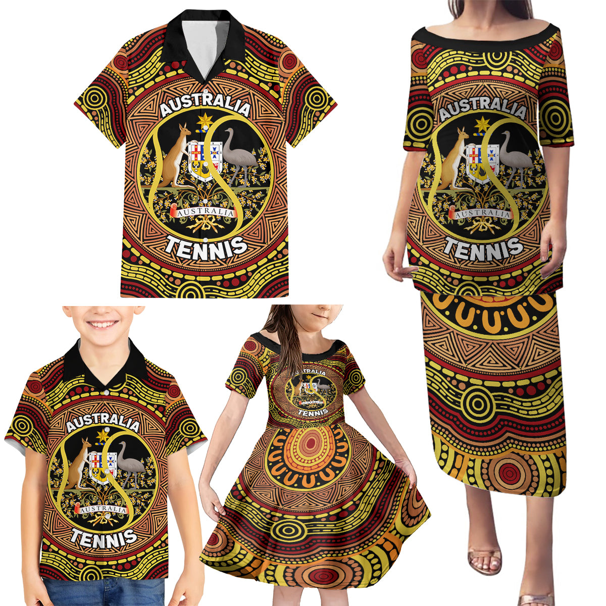 Personalised Australia Tennis Family Matching Puletasi and Hawaiian Shirt Aussie Indigenous Art