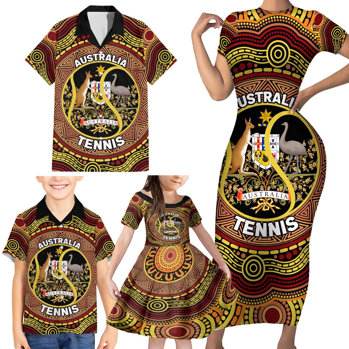 Personalised Australia Tennis Family Matching Short Sleeve Bodycon Dress and Hawaiian Shirt Aussie Indigenous Art