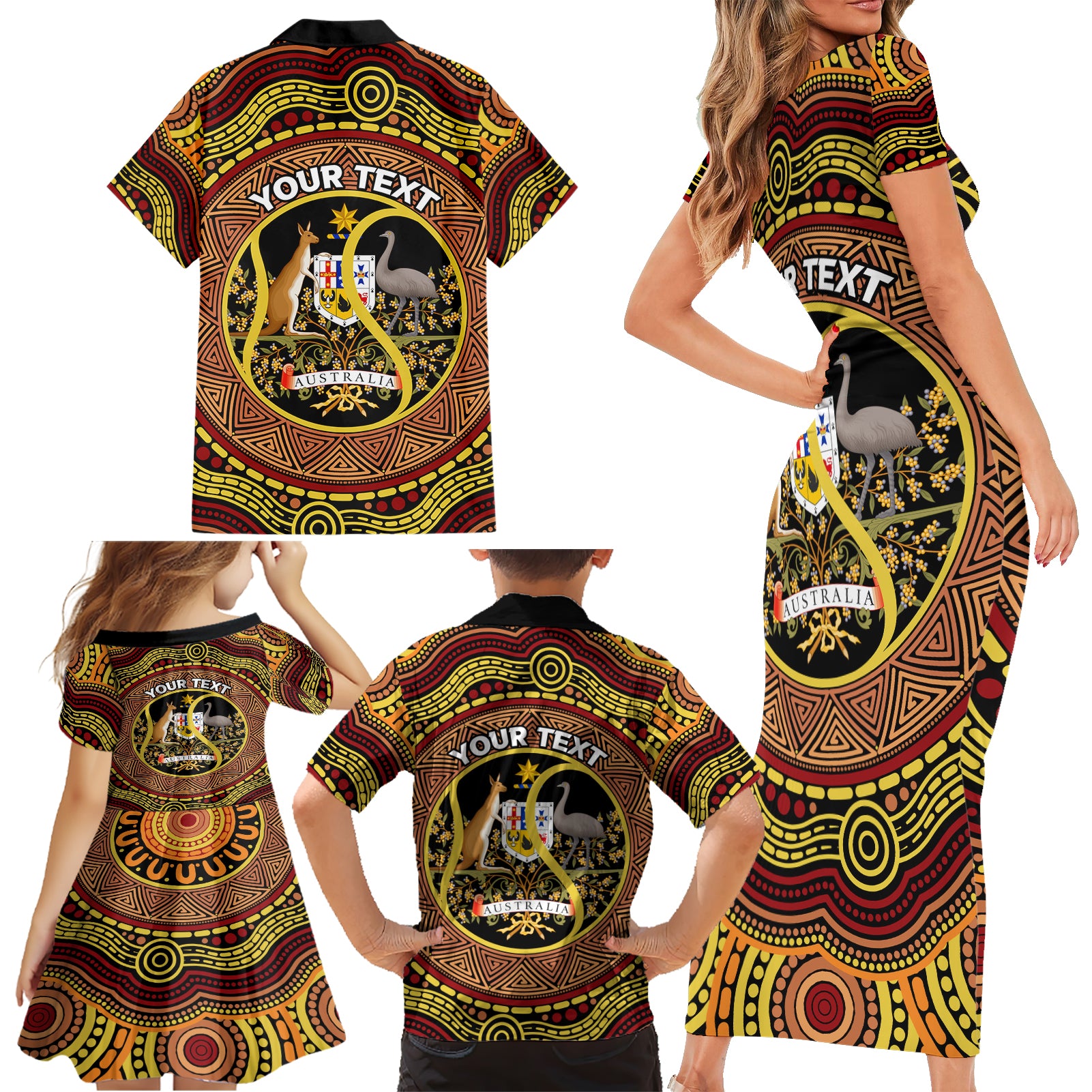 Personalised Australia Tennis Family Matching Short Sleeve Bodycon Dress and Hawaiian Shirt Aussie Indigenous Art