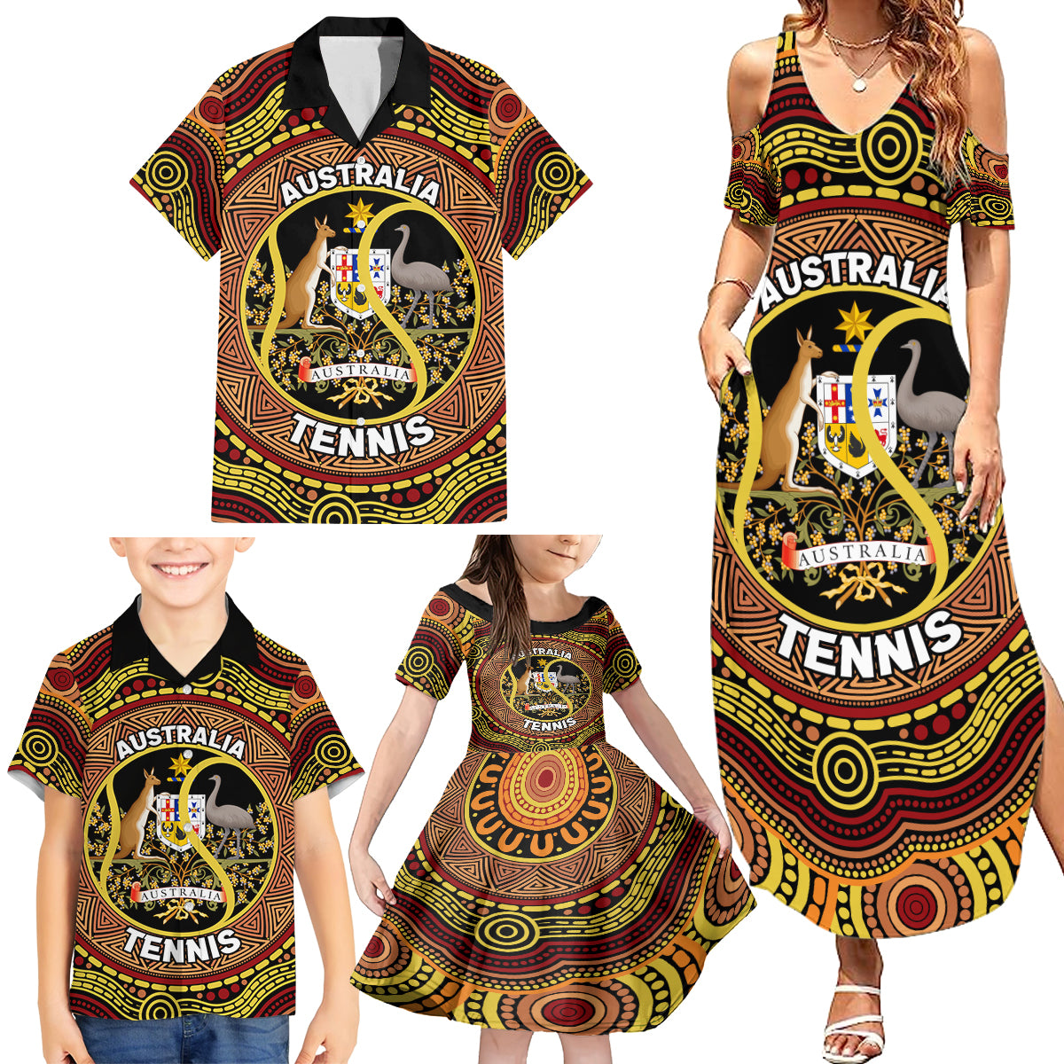Personalised Australia Tennis Family Matching Summer Maxi Dress and Hawaiian Shirt Aussie Indigenous Art