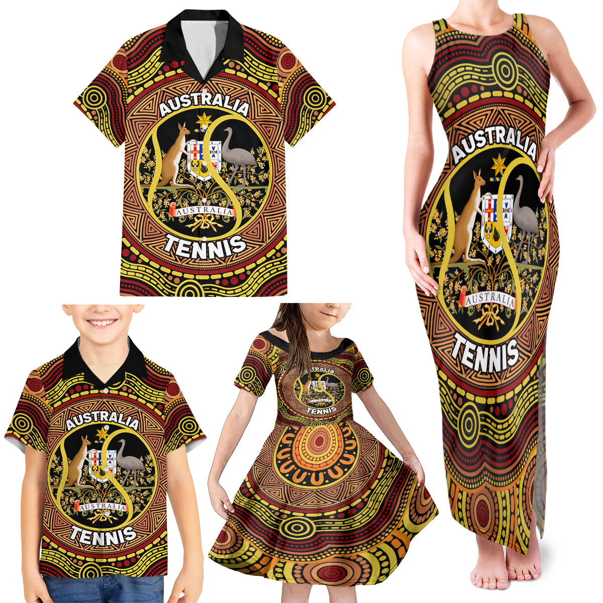 Personalised Australia Tennis Family Matching Tank Maxi Dress and Hawaiian Shirt Aussie Indigenous Art