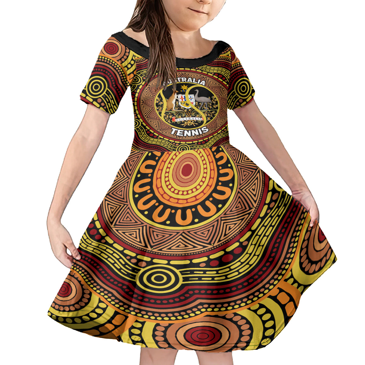 Personalised Australia Tennis Kid Short Sleeve Dress Aussie Indigenous Art