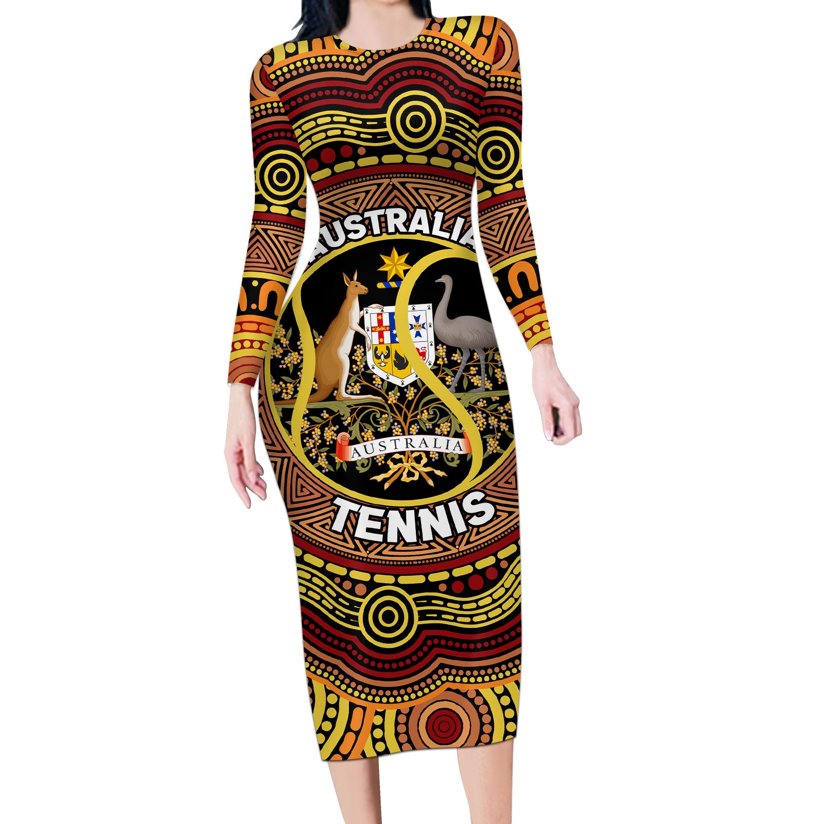 Personalised Australia Tennis Long Sleeve Bodycon Dress Aussie Indigenous Art