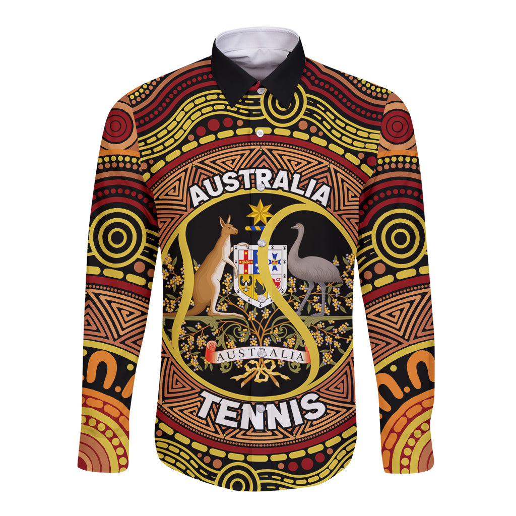 Personalised Australia Tennis Long Sleeve Button Shirt Aussie Indigenous Art