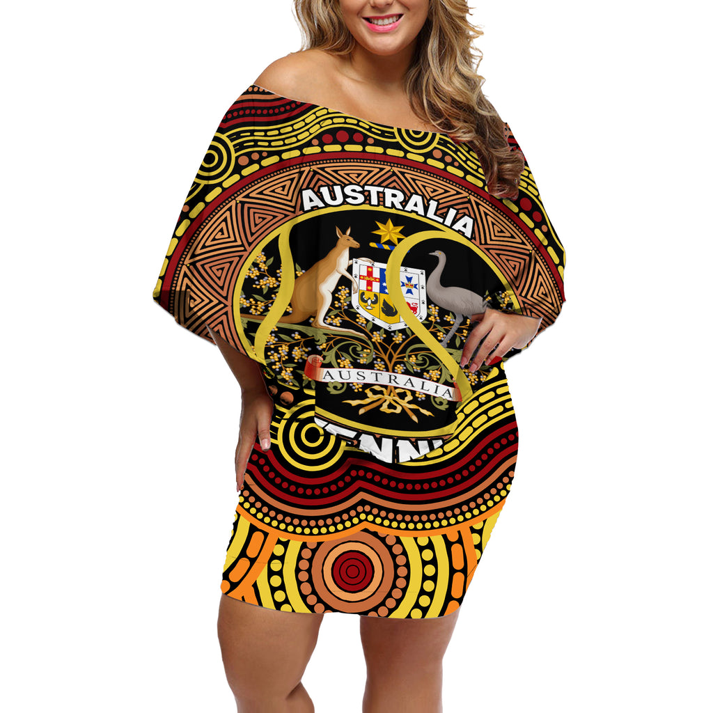 Personalised Australia Tennis Off Shoulder Short Dress Aussie Indigenous Art