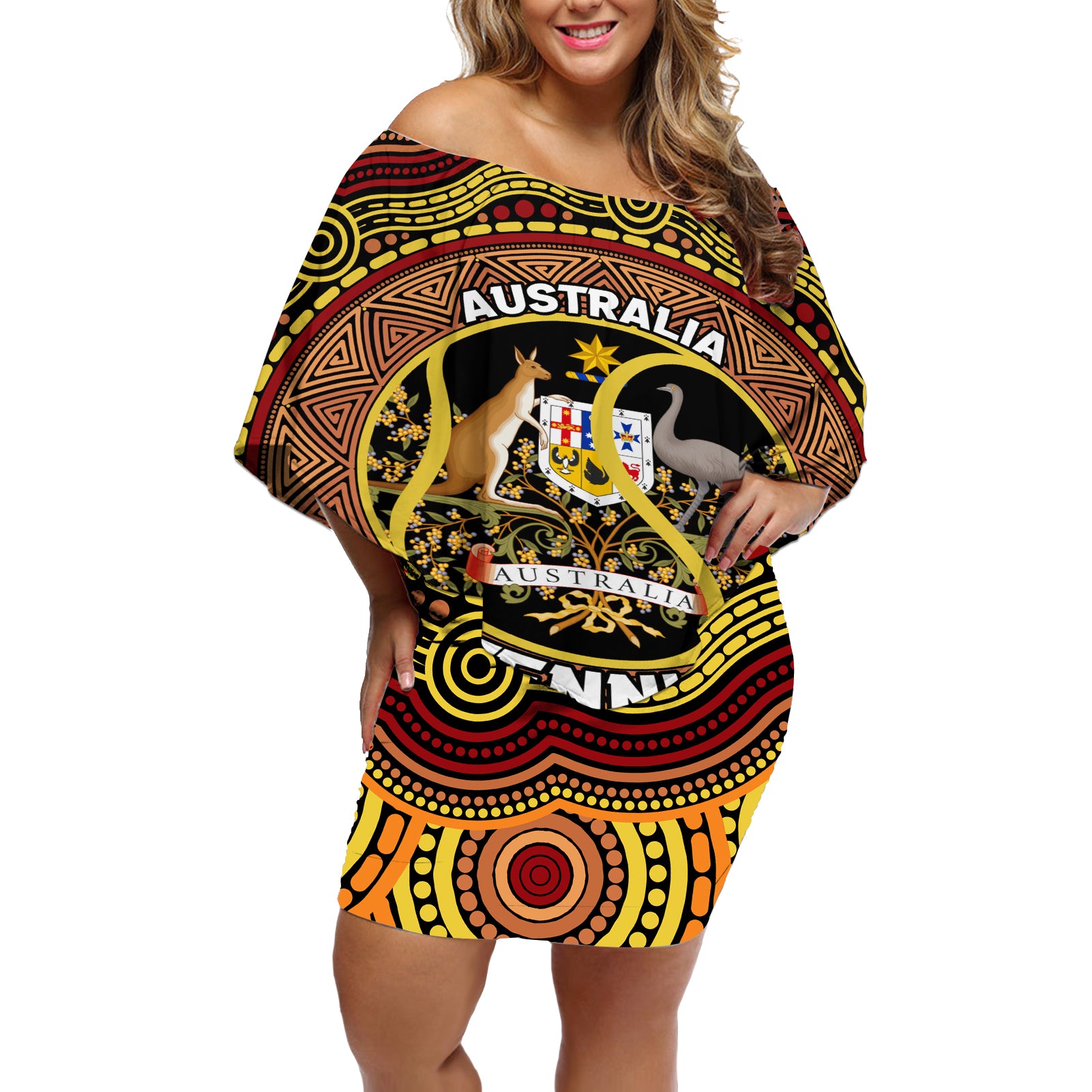 Personalised Australia Tennis Off Shoulder Short Dress Aussie Indigenous Art
