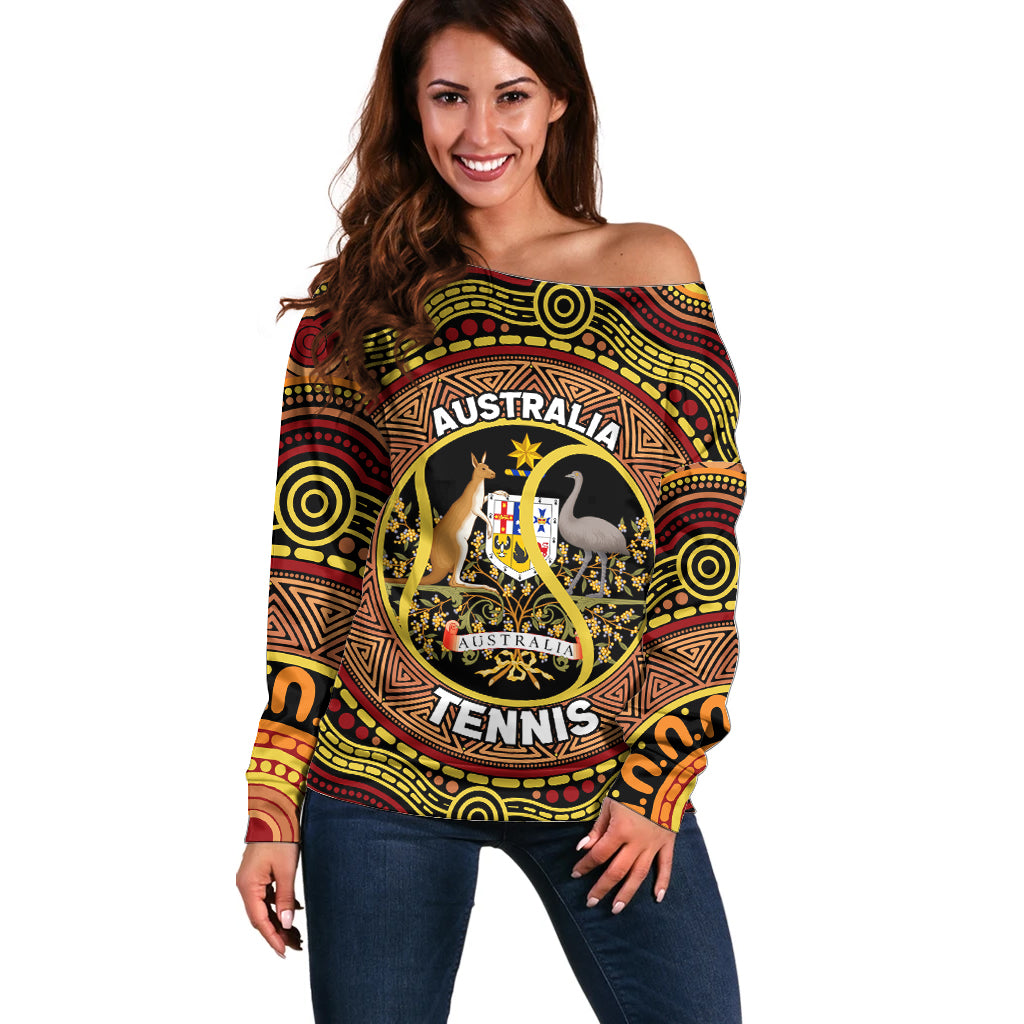 Personalised Australia Tennis Off Shoulder Sweater Aussie Indigenous Art