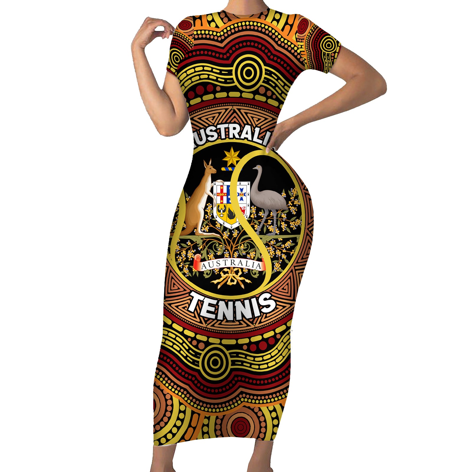 Personalised Australia Tennis Short Sleeve Bodycon Dress Aussie Indigenous Art