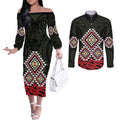 Kia Ora Aotearoa Couples Matching Off The Shoulder Long Sleeve Dress and Long Sleeve Button Shirt 2025 Pasifika Maori Taniko Motifs