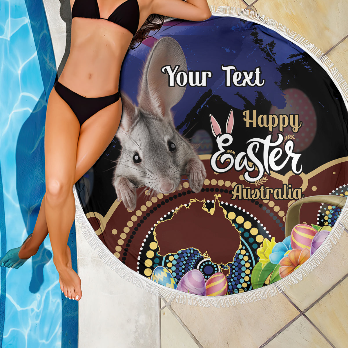 Personalised Australia Easter Day Beach Blanket Aussie Bilby Aboriginal Art