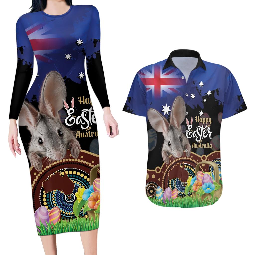 Personalised Australia Easter Day Couples Matching Long Sleeve Bodycon Dress and Hawaiian Shirt Aussie Bilby Aboriginal Art