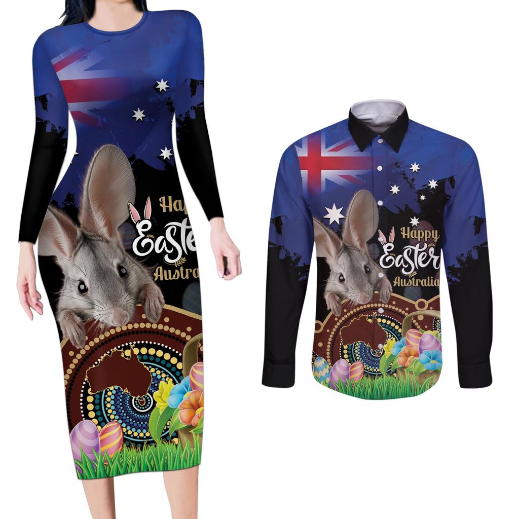 Personalised Australia Easter Day Couples Matching Long Sleeve Bodycon Dress and Long Sleeve Button Shirt Aussie Bilby Aboriginal Art