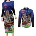 Personalised Australia Easter Day Couples Matching Long Sleeve Bodycon Dress and Long Sleeve Button Shirt Aussie Bilby Aboriginal Art
