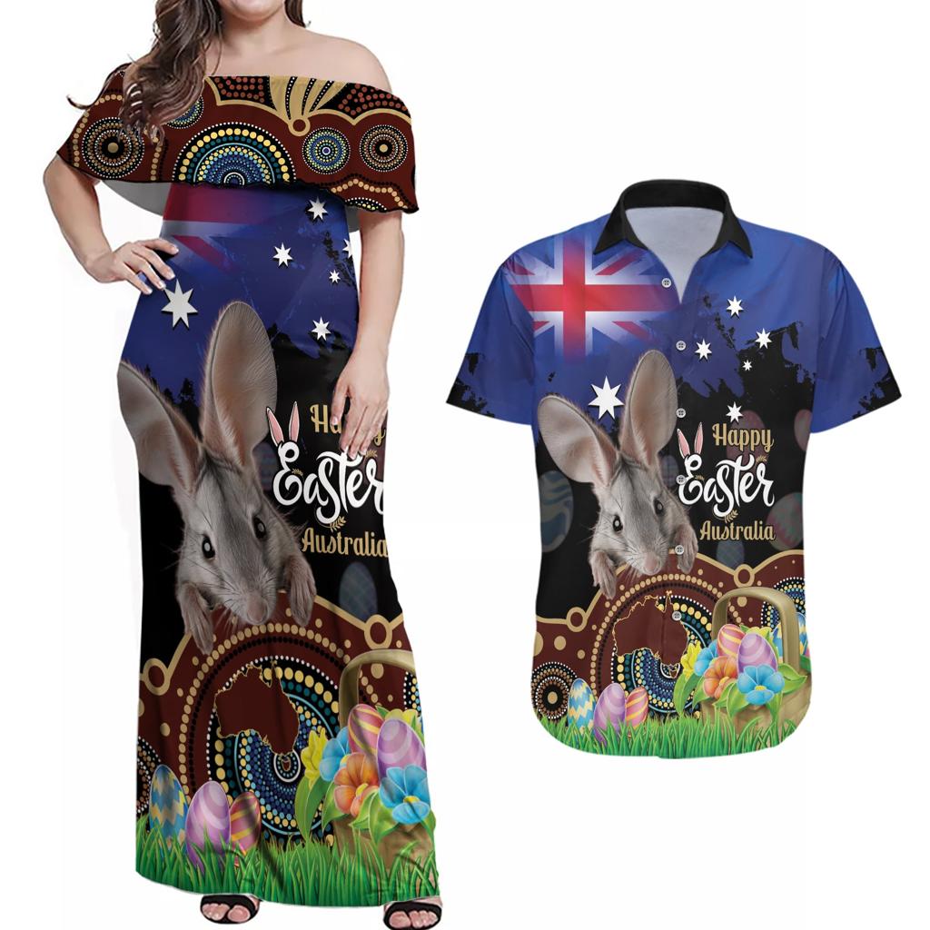 Personalised Australia Easter Day Couples Matching Off Shoulder Maxi Dress and Hawaiian Shirt Aussie Bilby Aboriginal Art