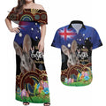 Personalised Australia Easter Day Couples Matching Off Shoulder Maxi Dress and Hawaiian Shirt Aussie Bilby Aboriginal Art