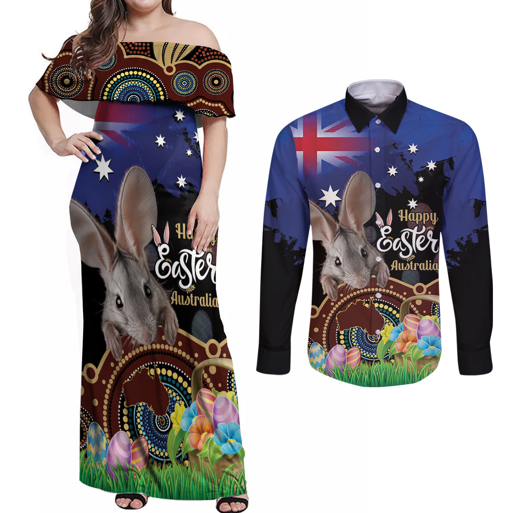 Personalised Australia Easter Day Couples Matching Off Shoulder Maxi Dress and Long Sleeve Button Shirt Aussie Bilby Aboriginal Art