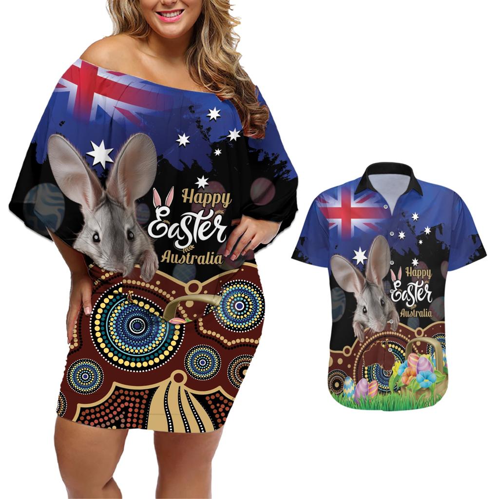 Personalised Australia Easter Day Couples Matching Off Shoulder Short Dress and Hawaiian Shirt Aussie Bilby Aboriginal Art