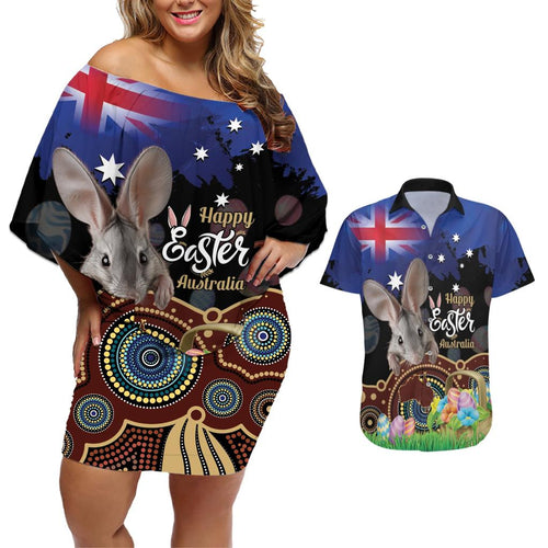 Personalised Australia Easter Day Couples Matching Off Shoulder Short Dress and Hawaiian Shirt Aussie Bilby Aboriginal Art
