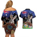 Personalised Australia Easter Day Couples Matching Off Shoulder Short Dress and Hawaiian Shirt Aussie Bilby Aboriginal Art