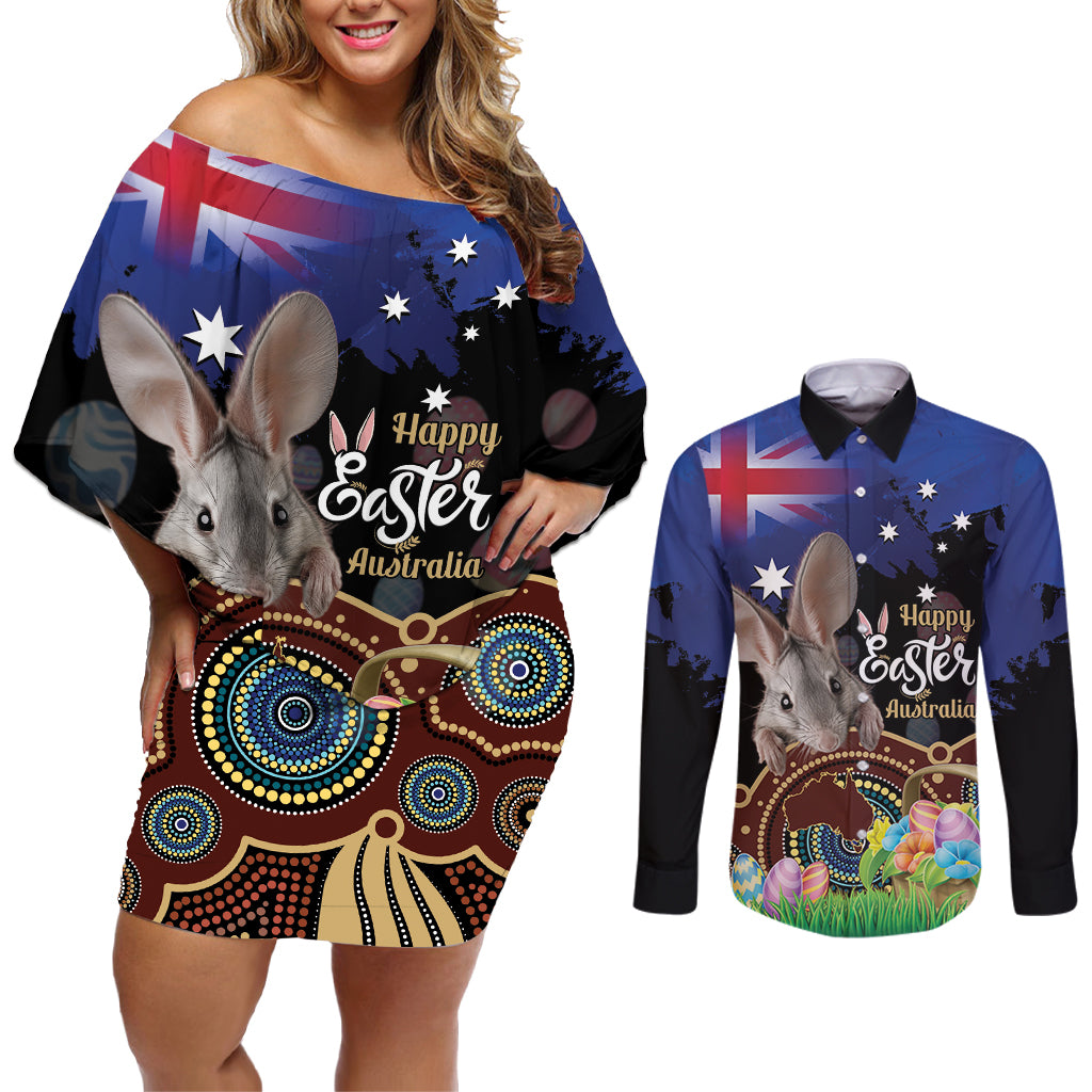 Personalised Australia Easter Day Couples Matching Off Shoulder Short Dress and Long Sleeve Button Shirt Aussie Bilby Aboriginal Art