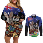 Personalised Australia Easter Day Couples Matching Off Shoulder Short Dress and Long Sleeve Button Shirt Aussie Bilby Aboriginal Art