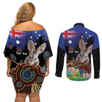 Personalised Australia Easter Day Couples Matching Off Shoulder Short Dress and Long Sleeve Button Shirt Aussie Bilby Aboriginal Art
