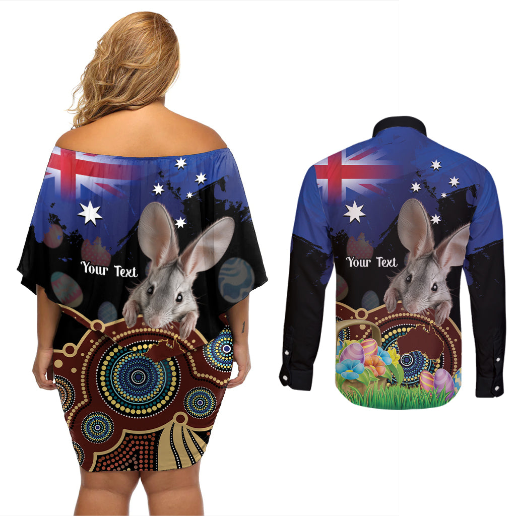 Personalised Australia Easter Day Couples Matching Off Shoulder Short Dress and Long Sleeve Button Shirt Aussie Bilby Aboriginal Art