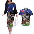 Personalised Australia Easter Day Couples Matching Off The Shoulder Long Sleeve Dress and Hawaiian Shirt Aussie Bilby Aboriginal Art