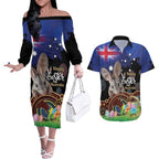 Personalised Australia Easter Day Couples Matching Off The Shoulder Long Sleeve Dress and Hawaiian Shirt Aussie Bilby Aboriginal Art