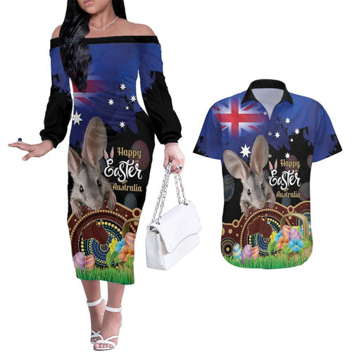 Personalised Australia Easter Day Couples Matching Off The Shoulder Long Sleeve Dress and Hawaiian Shirt Aussie Bilby Aboriginal Art