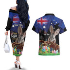 Personalised Australia Easter Day Couples Matching Off The Shoulder Long Sleeve Dress and Hawaiian Shirt Aussie Bilby Aboriginal Art